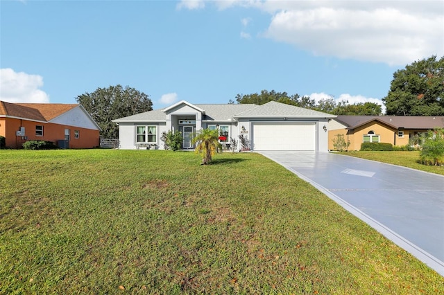 ranch-style home with a front yard and a garage