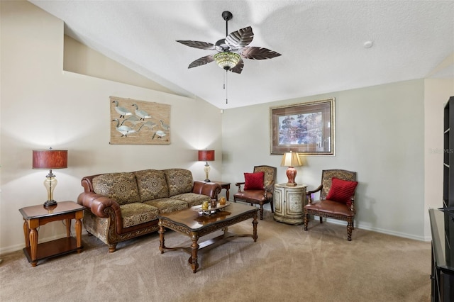 living room with light carpet, vaulted ceiling, and ceiling fan