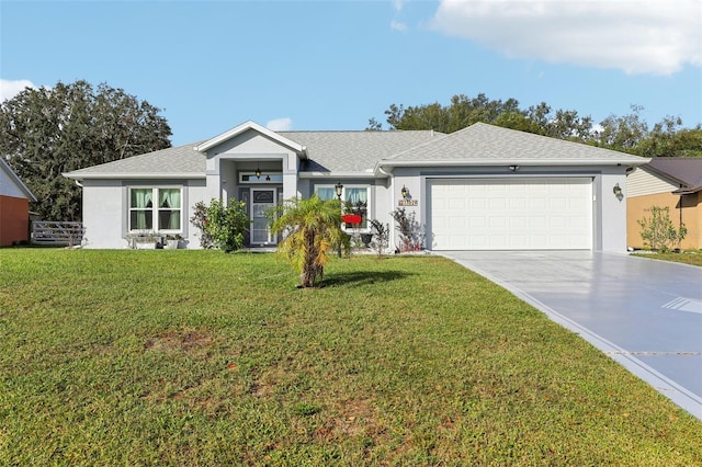 ranch-style house with a front lawn and a garage