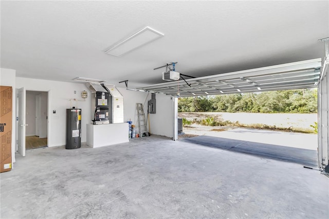 garage with electric panel, water heater, heating unit, and a garage door opener