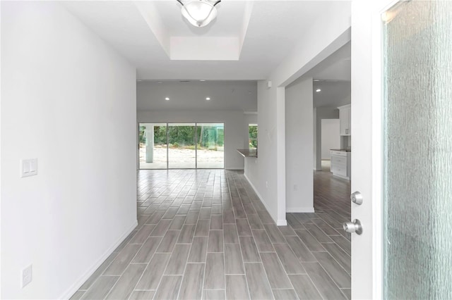 hallway featuring a tray ceiling and hardwood / wood-style flooring