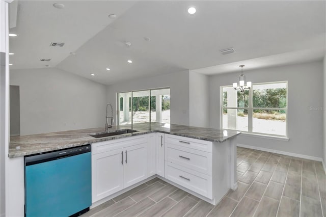 kitchen with sink, light hardwood / wood-style floors, white cabinets, dishwasher, and lofted ceiling