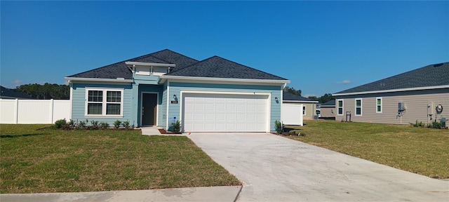 view of front of property with a garage and a front lawn