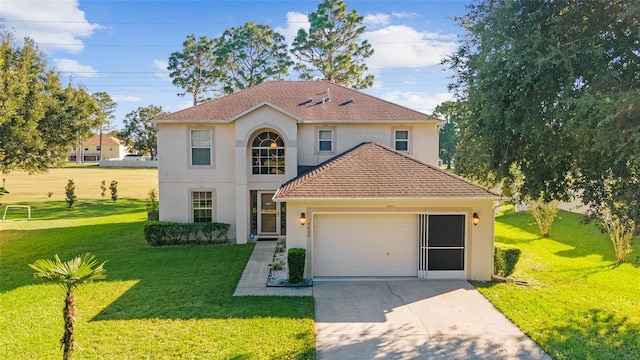 view of front facade featuring a front lawn and a garage