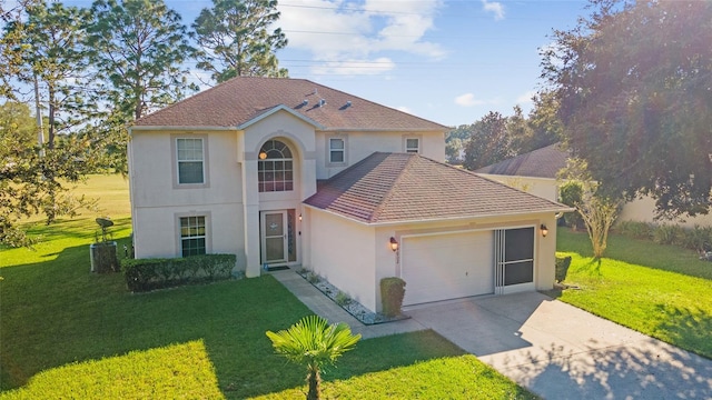 view of front of house with a front yard and a garage