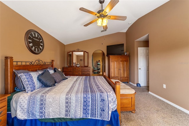 bedroom with lofted ceiling, light carpet, and ceiling fan