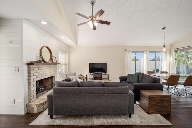 living room featuring dark wood-type flooring, vaulted ceiling, and a fireplace