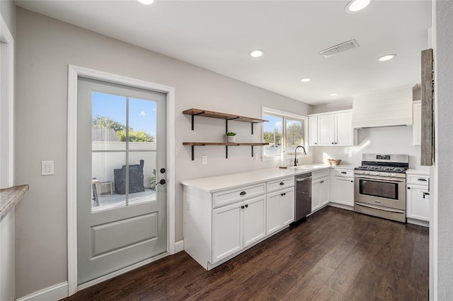 kitchen featuring dark hardwood / wood-style floors, stainless steel appliances, sink, custom exhaust hood, and white cabinetry