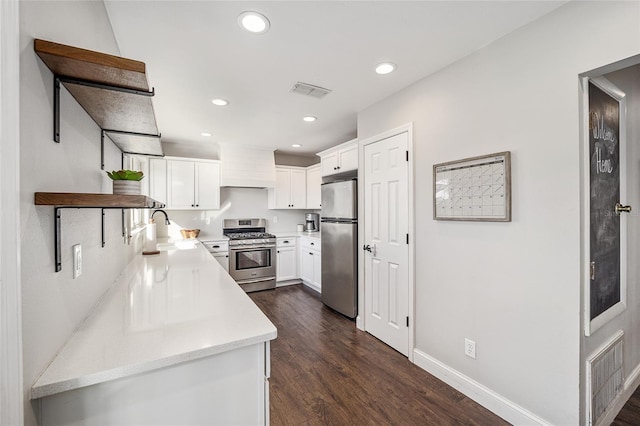 kitchen featuring dark wood-type flooring, custom range hood, stainless steel appliances, sink, and white cabinets