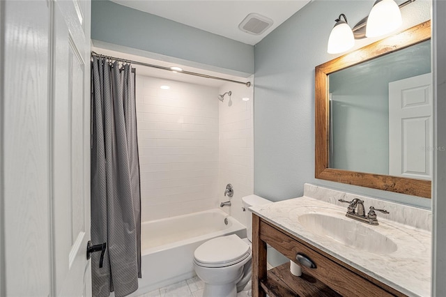 full bathroom with toilet, shower / tub combo with curtain, and vanity