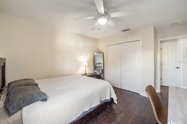 bedroom featuring dark wood-type flooring, a closet, and ceiling fan