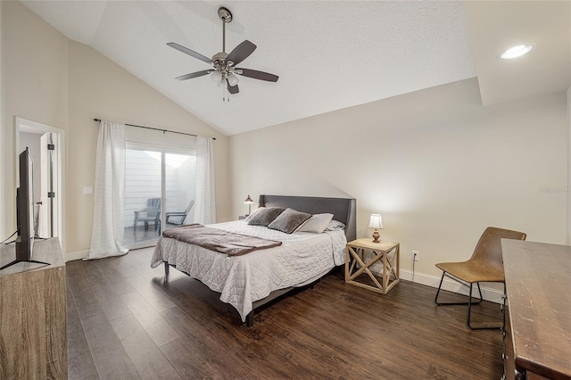 bedroom featuring high vaulted ceiling, dark wood-type flooring, and ceiling fan