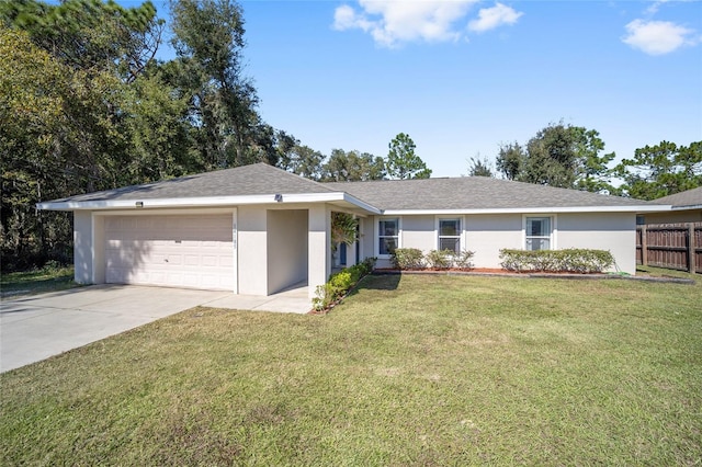 single story home featuring a front yard and a garage