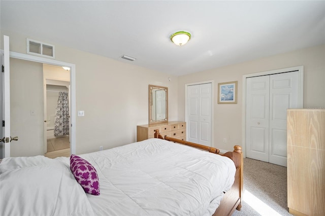 carpeted bedroom featuring multiple closets