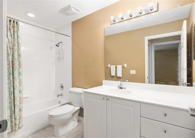 bathroom featuring shower / bath combination with curtain, visible vents, toilet, vanity, and tile patterned floors