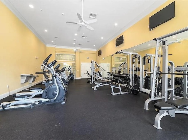 gym featuring crown molding, recessed lighting, visible vents, ceiling fan, and baseboards