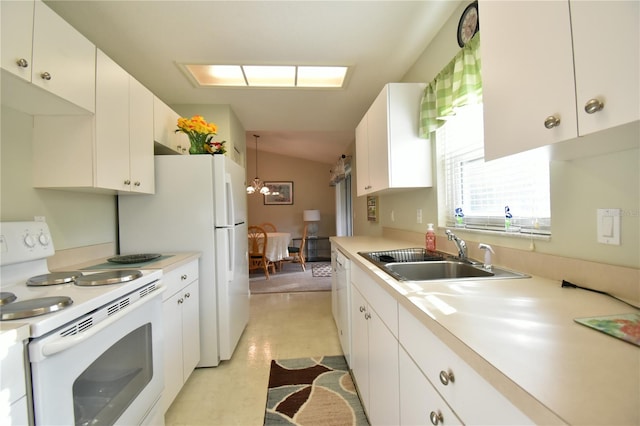 kitchen featuring white cabinets, lofted ceiling, sink, and white range with electric stovetop