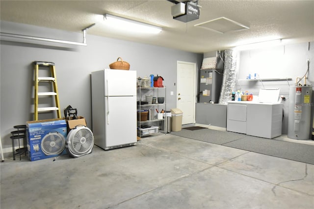 garage featuring a garage door opener, heating unit, independent washer and dryer, water heater, and white refrigerator