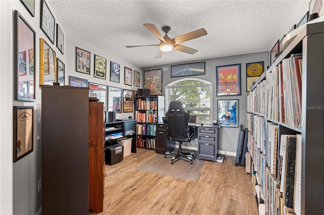 office area featuring light hardwood / wood-style floors, a textured ceiling, and ceiling fan