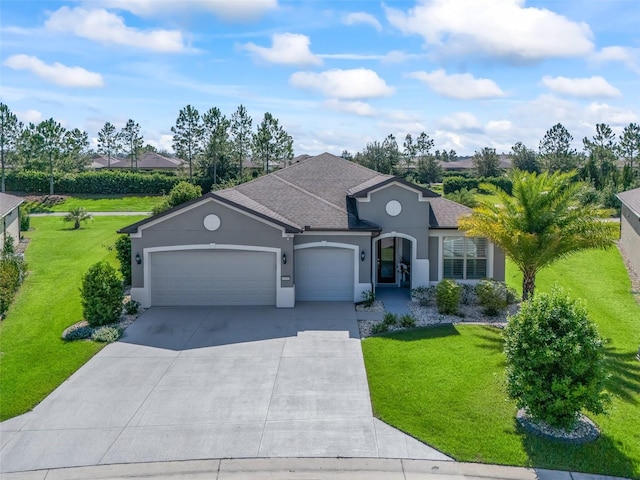 single story home featuring a front lawn and a garage