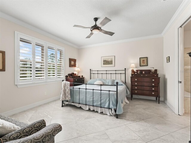 bedroom featuring ornamental molding, a textured ceiling, and ceiling fan