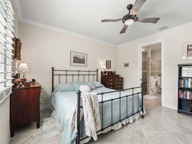 bedroom with ceiling fan, crown molding, and ensuite bathroom