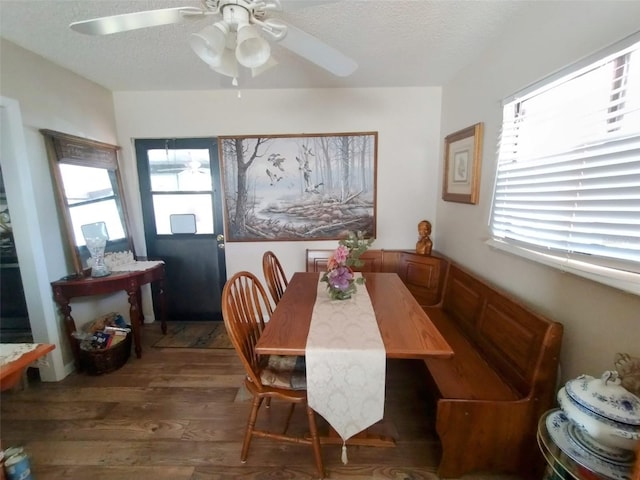 dining room with dark wood-type flooring, a textured ceiling, and ceiling fan