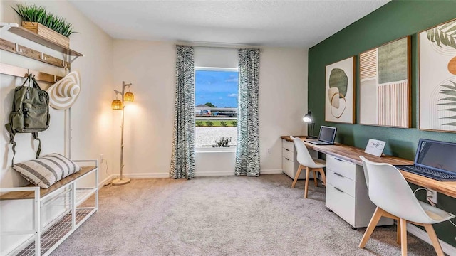 home office with a textured ceiling and light colored carpet