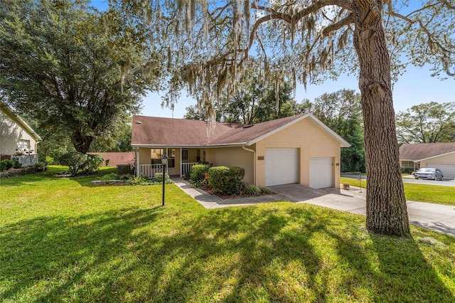 single story home featuring central AC, a front yard, a garage, and a porch