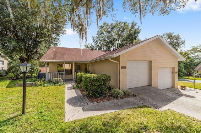 ranch-style house featuring a porch, a front lawn, central AC unit, and a garage