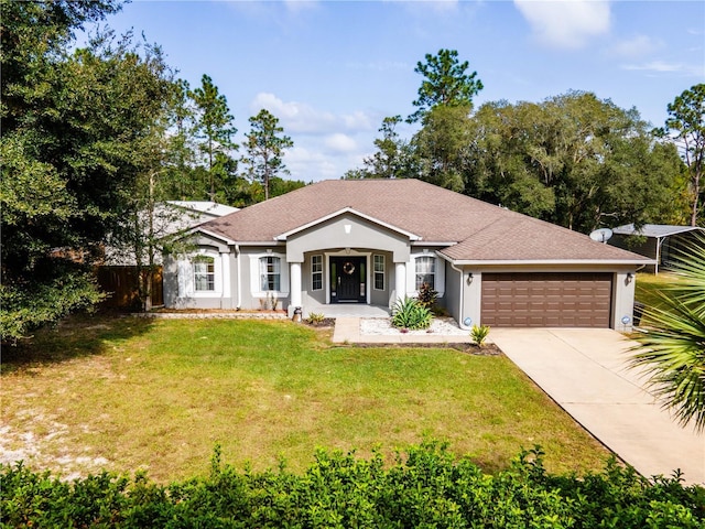 ranch-style house with a garage and a front lawn