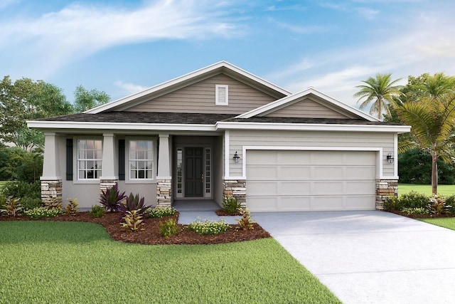 craftsman house with a front lawn and a garage