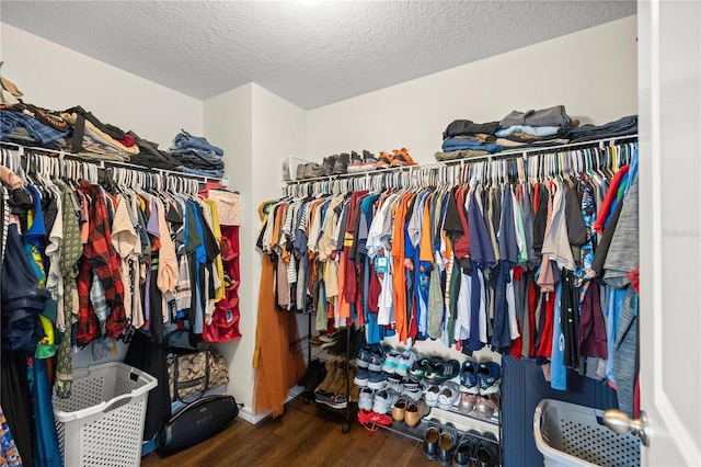 walk in closet with dark hardwood / wood-style flooring