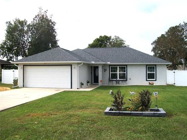 single story home featuring a front yard and a garage