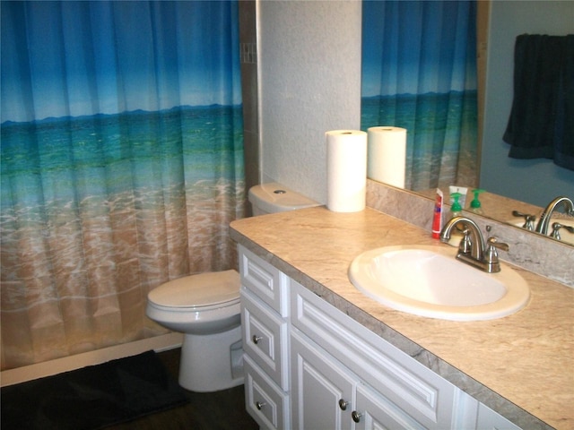 bathroom with vanity, a shower with shower curtain, and toilet