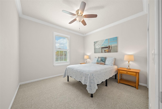 carpeted bedroom featuring crown molding, a textured ceiling, and ceiling fan