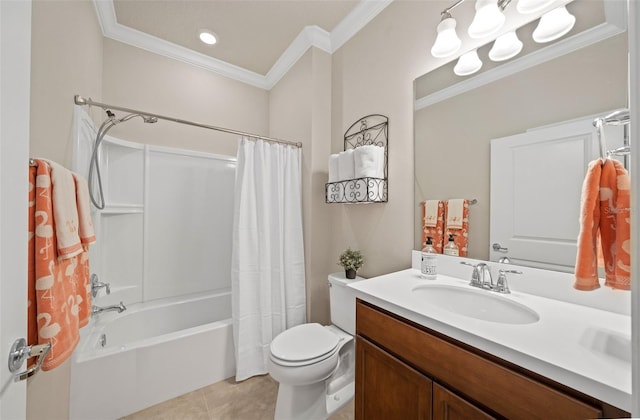 full bathroom featuring vanity, shower / bath combo, toilet, and ornamental molding