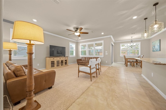 tiled living room with crown molding and ceiling fan with notable chandelier