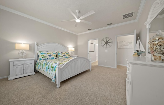 bedroom featuring crown molding, light colored carpet, and ceiling fan