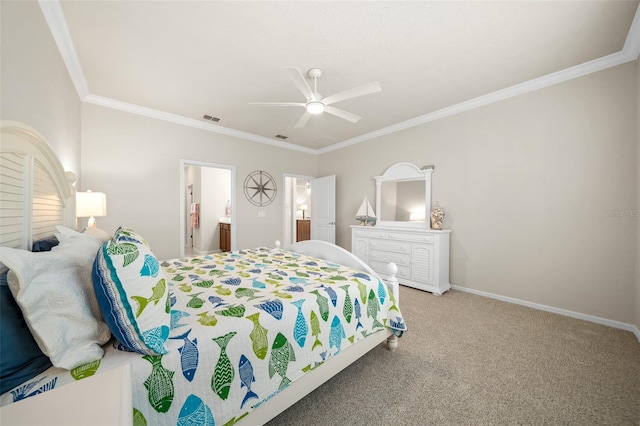 bedroom featuring ceiling fan, crown molding, carpet, and ensuite bathroom