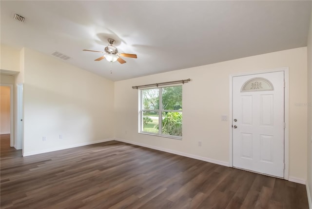 foyer entrance featuring ceiling fan and dark hardwood / wood-style flooring