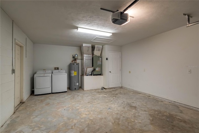 garage with water heater, washer and clothes dryer, heating unit, and a garage door opener