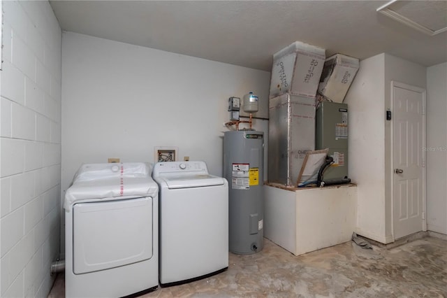 laundry area featuring heating unit, electric water heater, and washing machine and dryer