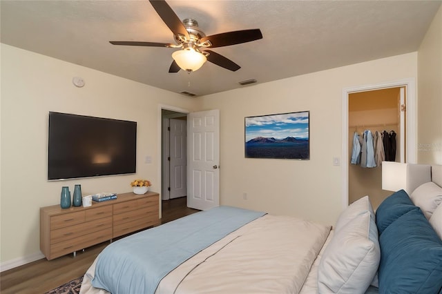 bedroom with dark wood-type flooring, ceiling fan, a closet, and a walk in closet