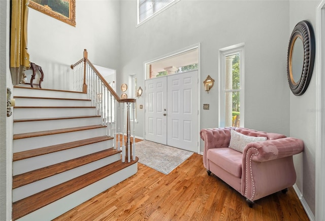 foyer entrance with a high ceiling and wood-type flooring