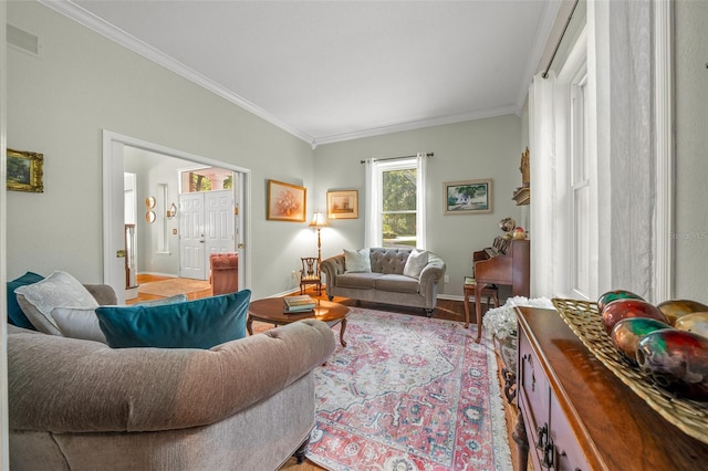 living room featuring crown molding and wood-type flooring