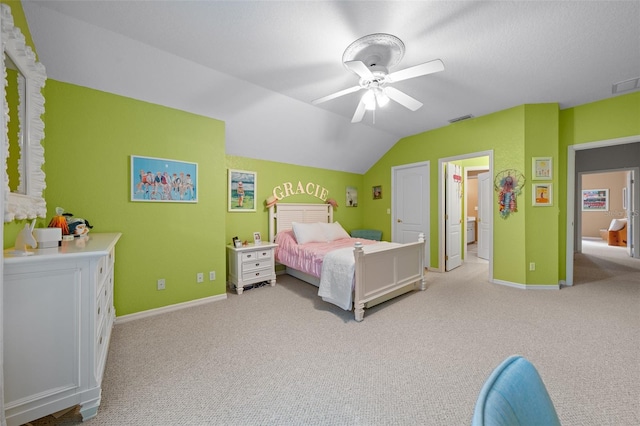 bedroom with light carpet, lofted ceiling, and ceiling fan