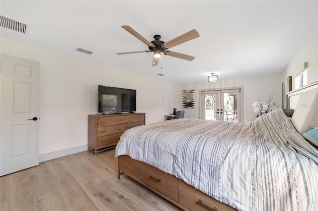 bedroom featuring french doors, ceiling fan, light wood-type flooring, and access to exterior