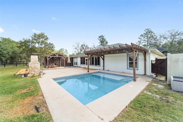 view of pool featuring a gazebo, a patio area, a lawn, and a pergola