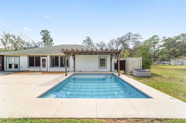 view of pool featuring a patio area, a yard, and a pergola